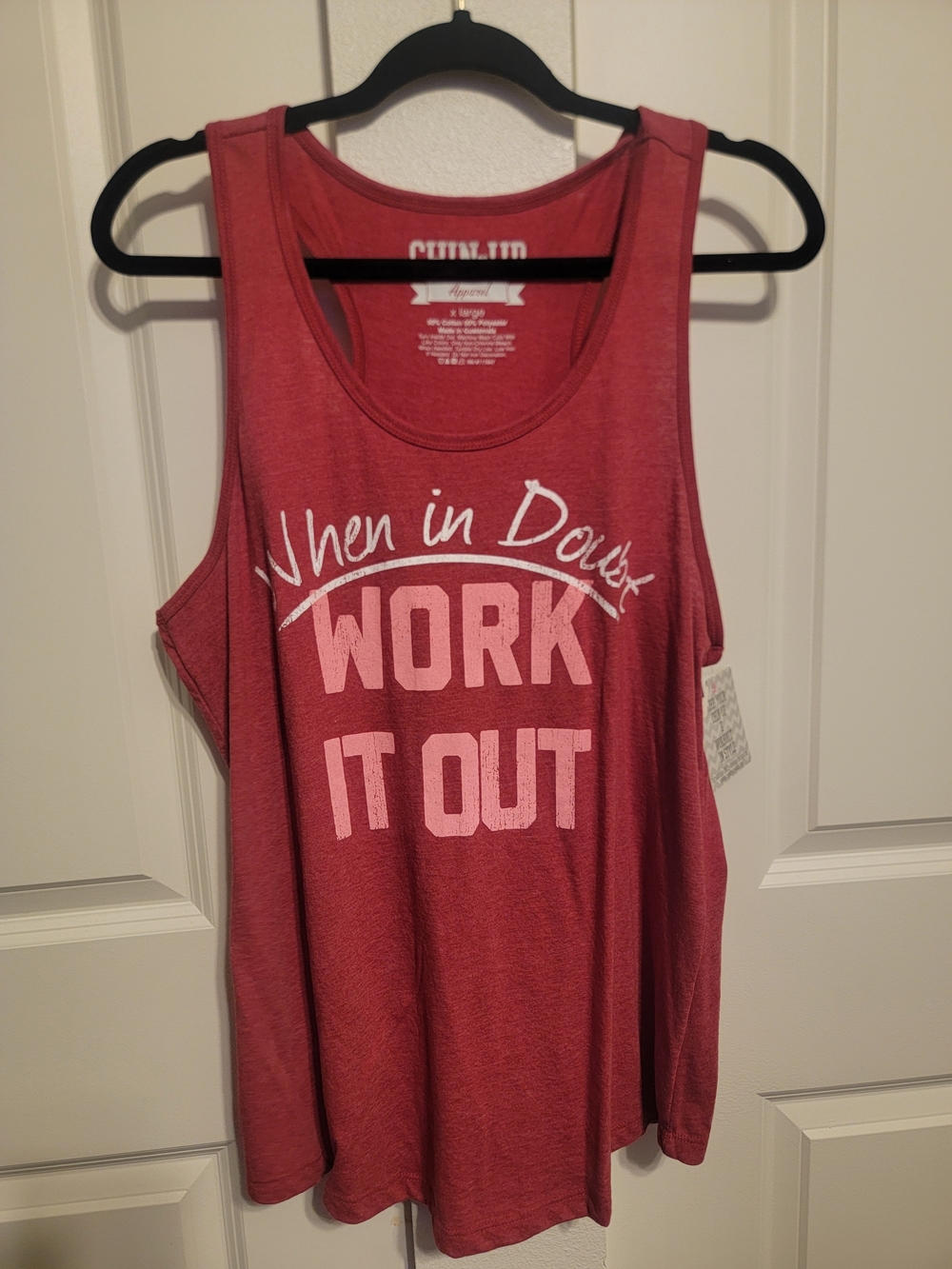 Chin Up Apparel Red Graphic Muscle Tee - 'When in Doubt Work It Out'
